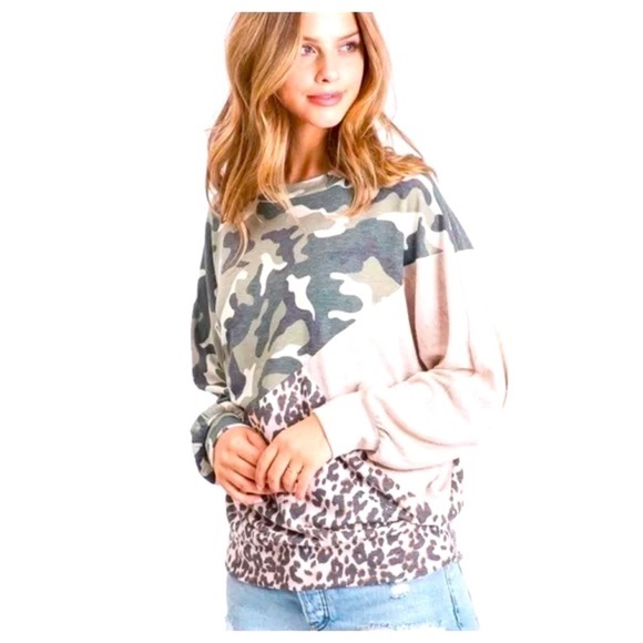A Girl Thing Tops - New!! Leopard Camo Dolman Sleeve Top